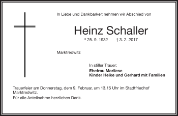 Traueranzeige von Heinz Schaller von Frankenpost