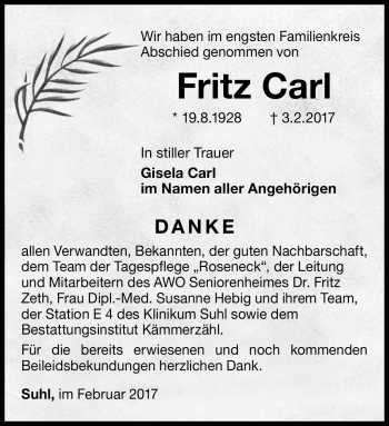 Traueranzeige von Fritz Carl von Südthüringer Presse