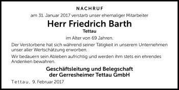 Traueranzeige von Friedrich Barth von Neue Presse Coburg