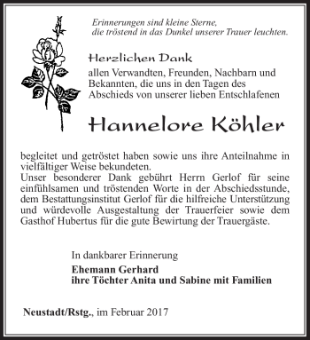 Traueranzeige von Hannelore Köhler von Südthüringer Presse