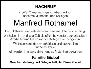 Traueranzeige von Manfred Rothamel von Südthüringer Presse