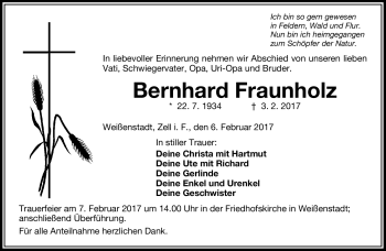 Traueranzeige von Bernhard Fraunholz von Frankenpost