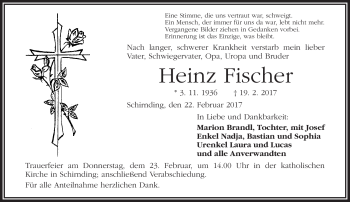 Traueranzeige von Heinz Fischer von Frankenpost
