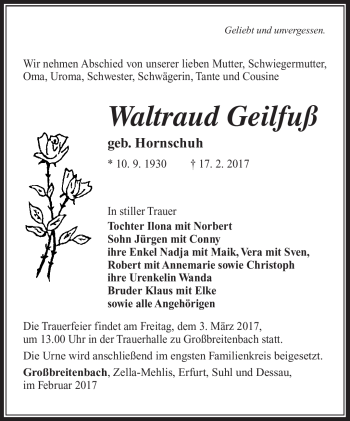 Traueranzeige von Waltraud Geilfruß von Südthüringer Presse