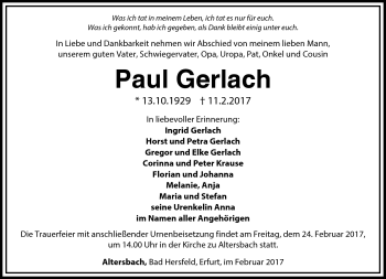 Traueranzeige von Paul Gerlach von Südthüringer Presse
