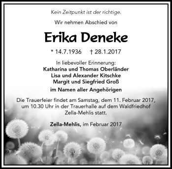Traueranzeige von Erika Deneke von Südthüringer Presse