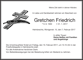 Traueranzeige von Gretchen Friedrich von Frankenpost