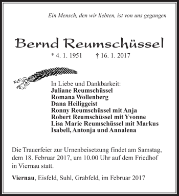 Traueranzeige von Bernd Reumschüssel von Südthüringer Presse