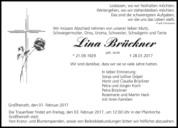 Traueranzeige von Lina Brückner von Neue Presse Coburg