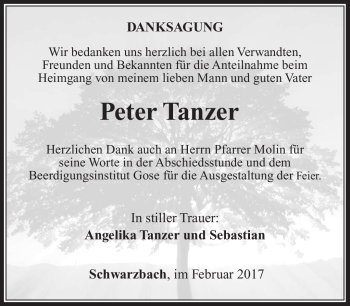 Traueranzeige von Peter Tanzer von Südthüringer Presse