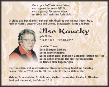 Traueranzeige von Ilse Kaucky von Südthüringer Presse