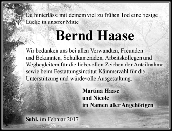 Traueranzeige von Bernd Haase von Südthüringer Presse