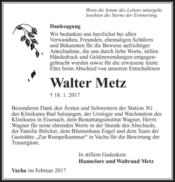 Traueranzeige von Walter Metz von Südthüringer Presse