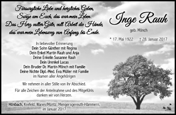 Traueranzeige von Ingeborg Rauh von Südthüringer Presse