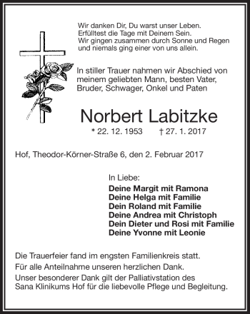 Traueranzeige von Norbert Labitzke von Frankenpost