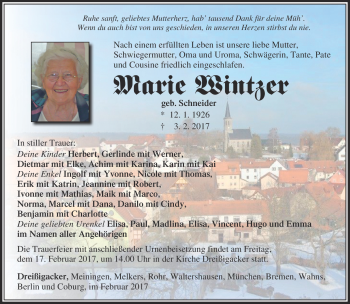 Traueranzeige von Marie Wintzer von Südthüringer Presse