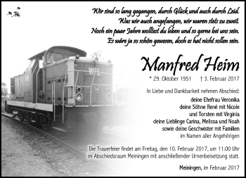 Traueranzeige von Manfred Heim von Südthüringer Presse