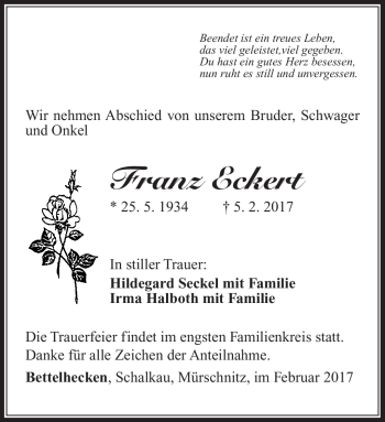 Traueranzeige von Franz Eckert von Südthüringer Presse
