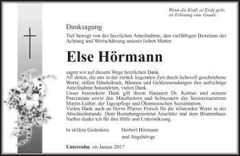 Traueranzeige von Else Hörmann von Südthüringer Presse