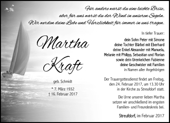 Traueranzeige von Martha Kraft von Südthüringer Presse