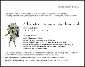 Traueranzeige von Christa Recknagel von Südthüringer Presse