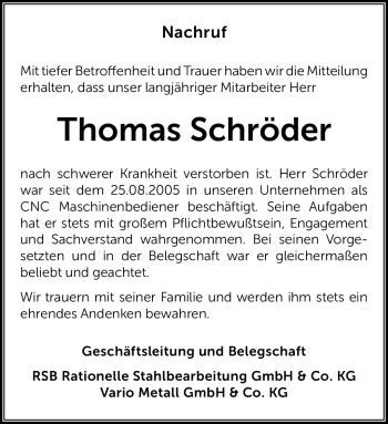 Traueranzeige von Thomas Schröder von Südthüringer Presse