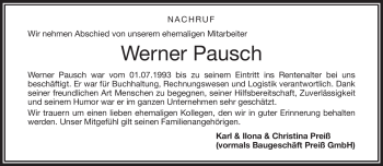 Traueranzeige von Werner Pausch von Frankenpost
