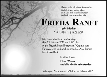 Traueranzeige von Frieda Ranft von Südthüringer Presse