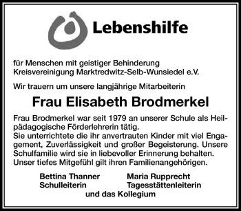 Traueranzeige von Elisabeth Brodmerkel von Frankenpost
