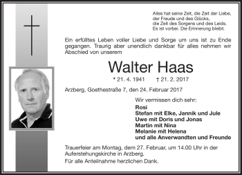 Traueranzeige von Walter Haas von Frankenpost