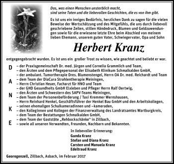 Traueranzeige von Herbert Kranz von Südthüringer Presse