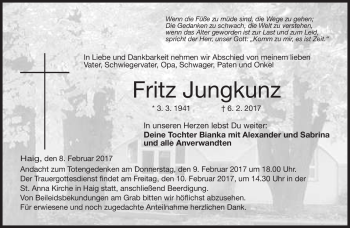 Traueranzeige von Fritz Jungkunz von Neue Presse Coburg