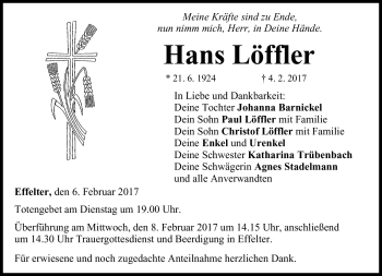 Traueranzeige von Hans Löffler von Neue Presse Coburg