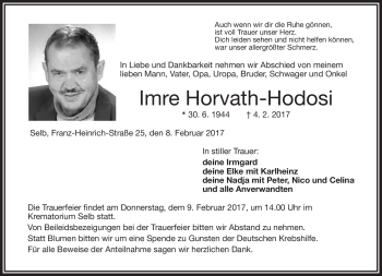 Traueranzeige von Imre Horvath-Hodosi von Frankenpost
