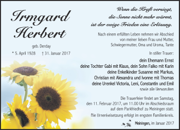 Traueranzeige von Irmgard Herbert von Südthüringer Presse
