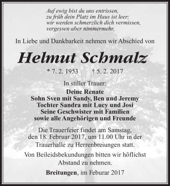 Traueranzeige von Helmut Schmalz von Südthüringer Presse