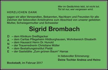 Traueranzeige von Sigrid Brombach von Südthüringer Presse