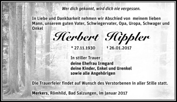 Traueranzeige von Herbert Hippler von Südthüringer Presse