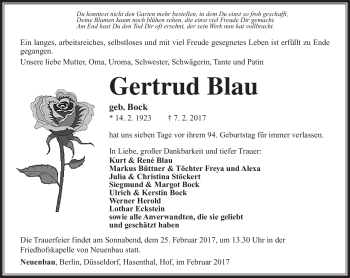 Traueranzeige von Gertrud Blau von Südthüringer Presse