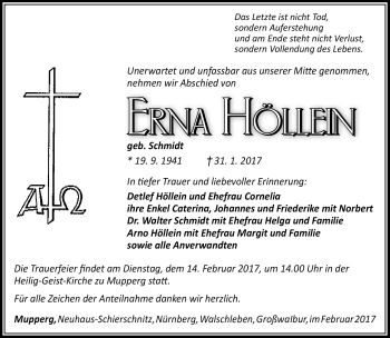 Traueranzeige von Erna Höllein von Südthüringer Presse