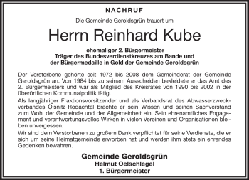 Traueranzeige von Reinhard Kube von Frankenpost