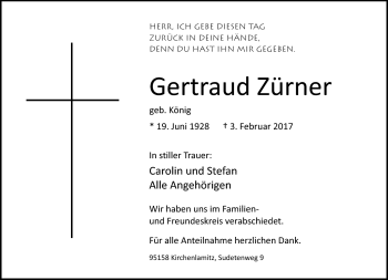 Traueranzeige von Gertraud Zürner von Frankenpost