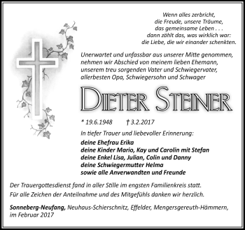 Traueranzeige von Dieter Steiner von Südthüringer Presse