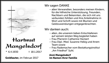 Traueranzeige von Hartmut Mangelsdorf von Südthüringer Presse