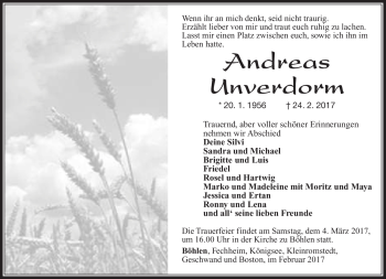 Traueranzeige von Andreas Unverdorm von Südthüringer Presse