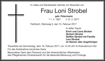 Traueranzeige von Loni Strobel von Frankenpost