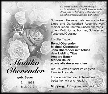 Traueranzeige von Monika Oberender von Südthüringer Presse