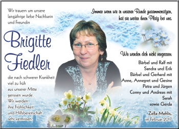 Traueranzeige von Brigitte Fiedler von Südthüringer Presse