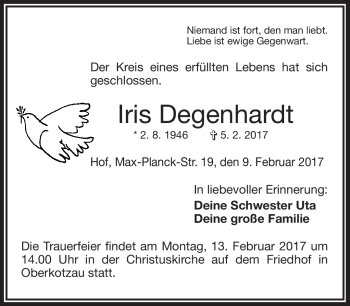 Traueranzeige von Iris Degenhardt von Frankenpost