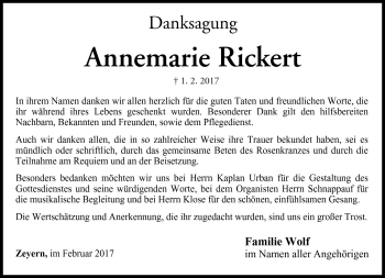 Traueranzeige von Annemarie Rickert von Neue Presse Coburg
